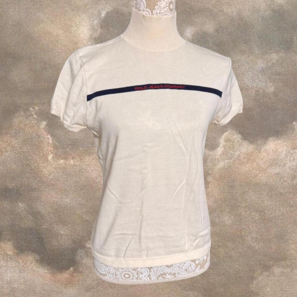 Vintage Polo Jeans Co Ralph Lauren Cream Knit Tee Shirt Size XL Y2K Minimalist